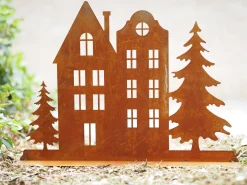 Huizen met bomen op basis, winterlandschap