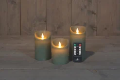 Set van 3 rustieke wax led kaarsen met bewegende vlam jade groen